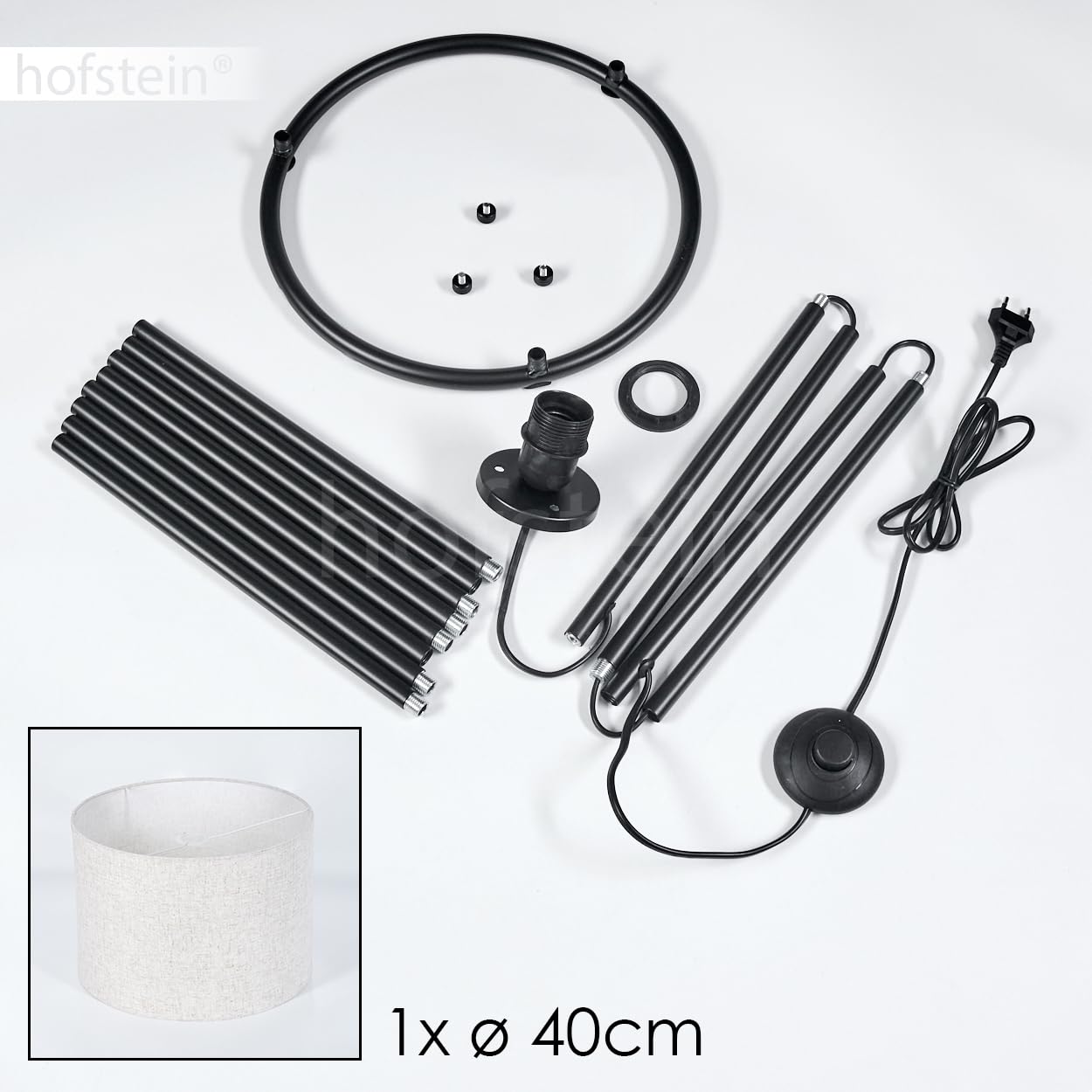 Stehleuchte Bassagoda, Stehlampe aus Metall/Stoff in Schwarz/Beige, Leuchte im modernen Design mit rundem Schirm (Ø 40 cm) u. Fußschalter, Höhe 152 cm, 1 x E27, ohne Leuchtmittel