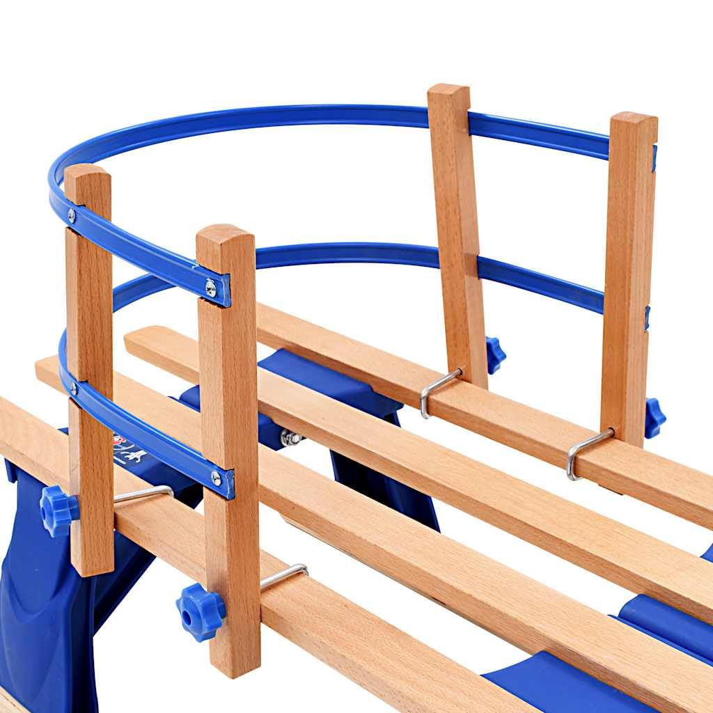 Klappbarer Holzschlitten mit Rückenlehne für Kinder und Erwachsene, Schneerutscher mit Metallkufen, Kunststoff-Tellerbob, Zugseil, Sicherheitsverriegelung, leicht transportierbar