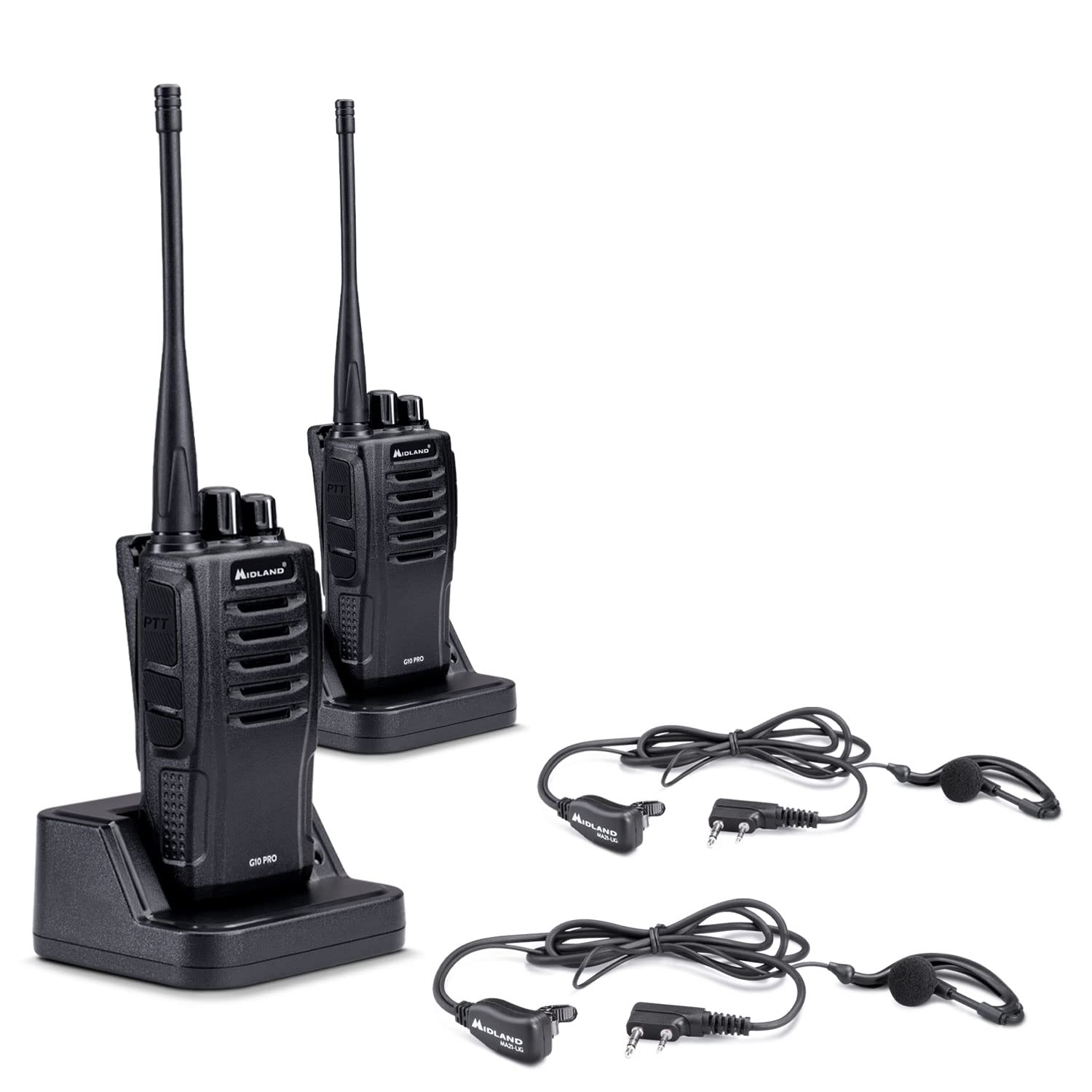 Midland G10 PRO Doppio Walkie Talkie Ricaricabile con Microfono Midland MA21-Lki Doppio, Radio Ricetrasmittente Semi Professionale con 32 Canali PMR446 Senza Licenza, 2 Walkie Talkie e 2 Microfoni