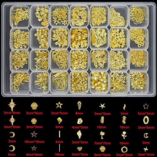 28 Grids Gold Metal Nail Studs, Multiple Shapes Rivet Jewelry Accessories, 3D Mix Geometry Nail Art Glitter Flakes Decorations Set For Women Girls Manicure Acrylic Nails Supplies Diy Crafts Sequins #TOP4