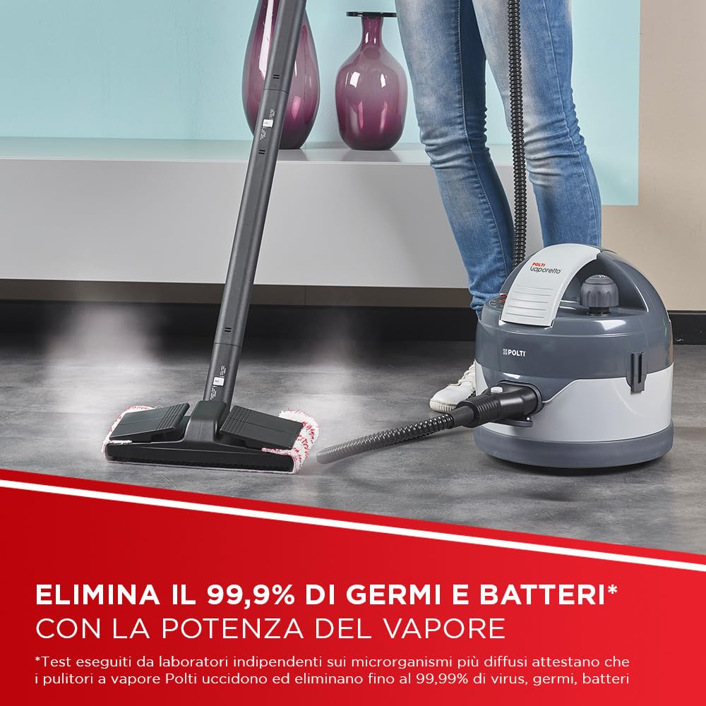 Polti Vaporetto Eco Pro 3.0 Kalstop, 20 Fiale di Kalstop Anticalcare, Pulitore a Vapore con Caldaia e Tappo di Sicurezza, Potenza Max 2000 W, Serbatoio 2 L, 9 Accessori Inclusi, Made in Italy, Grigio