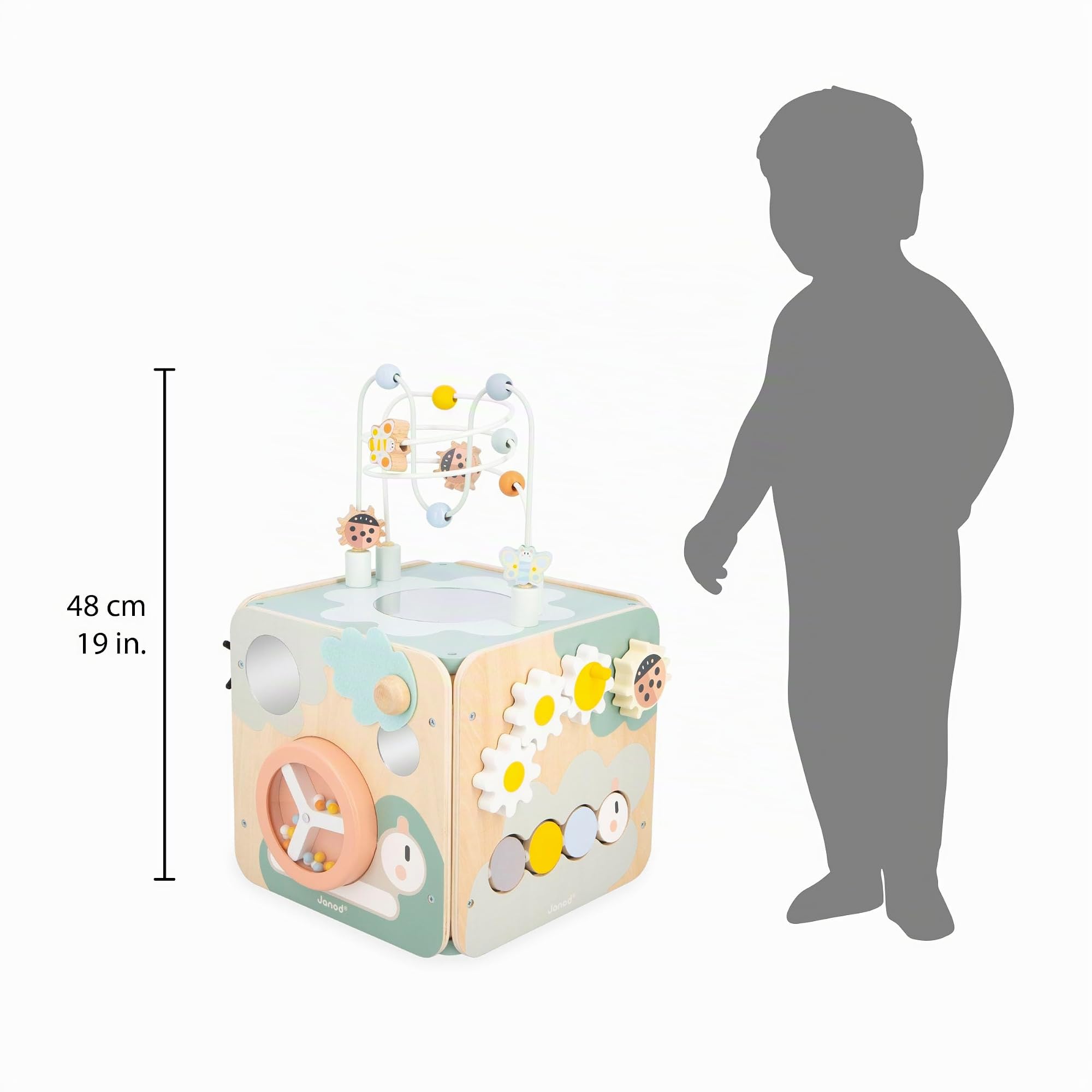 Janod - Grande Cubo Multiattività Sweet Cocoon - 11 Attività per Bambini - Multisensoriale - Sviluppa le Abilità Fino-Motorie - Giocattolo in Legno FSC - Dai 18 Mesi, J04060