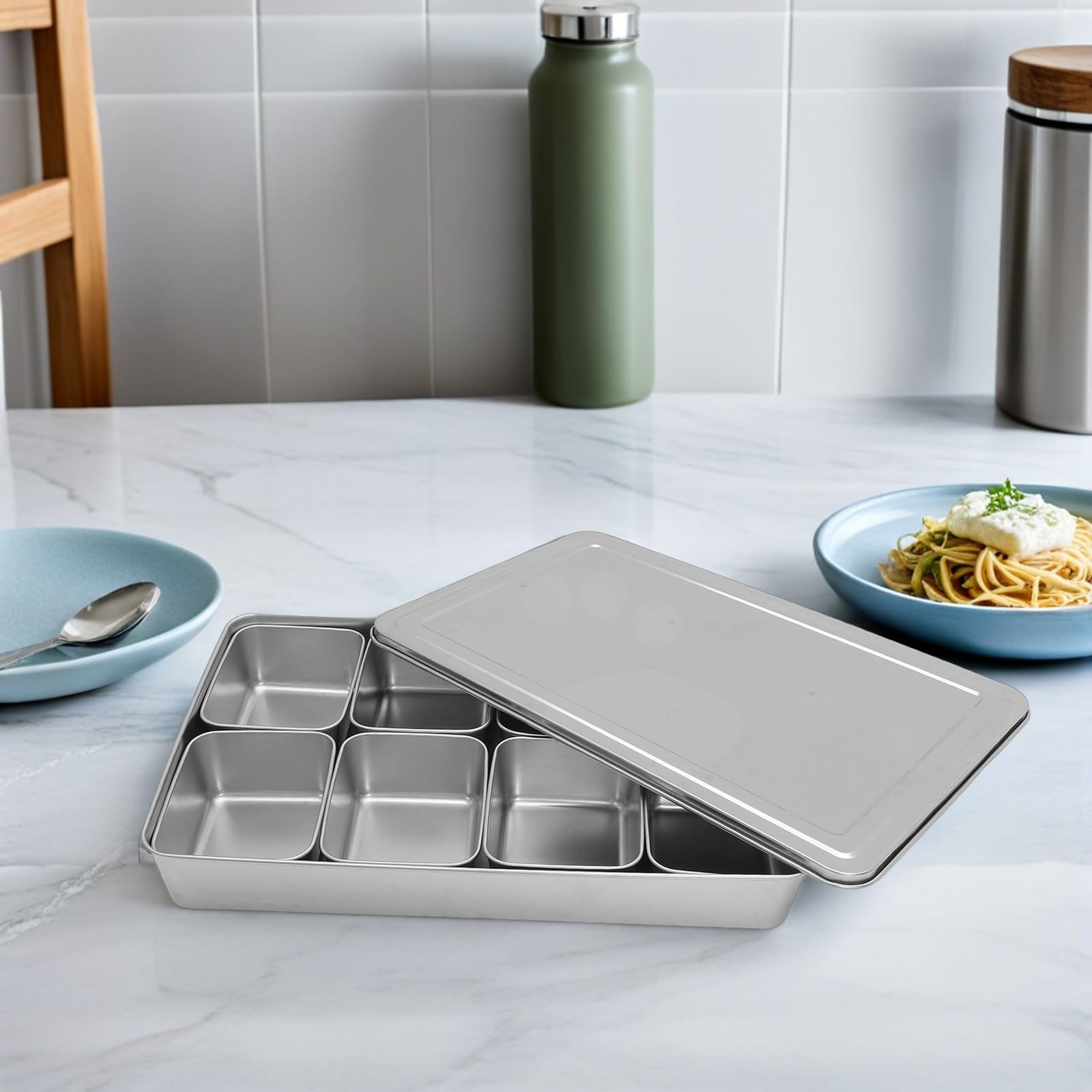 PRETYZOOM Organizador de Condimentos de Acero Inoxidable 8 Compartimentos Extraíbles y Tapa, Caja para Almacenamiento de Especias en Encimera de Cocina Moderna y Elegante