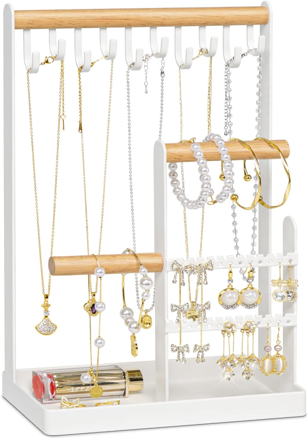 Jewellery Organiser Stand-4 Tier Earring Organiser Necklace Holder, Jewellery Display Stand Holder with Metal Storage Tray, for Necklace Bracelet Rings Watches, Gifts for Women Girls (White)