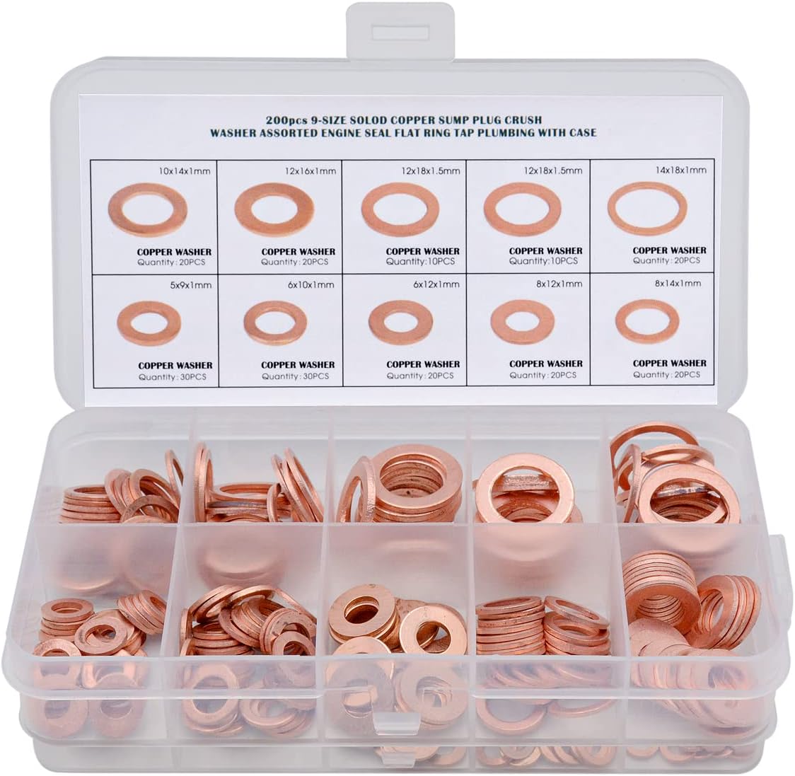 200 Pcs Copper Washers Engine Seal Flat Ring Gasket Fastener Metric Sealing Washer Assortment Set - 9 Sizes