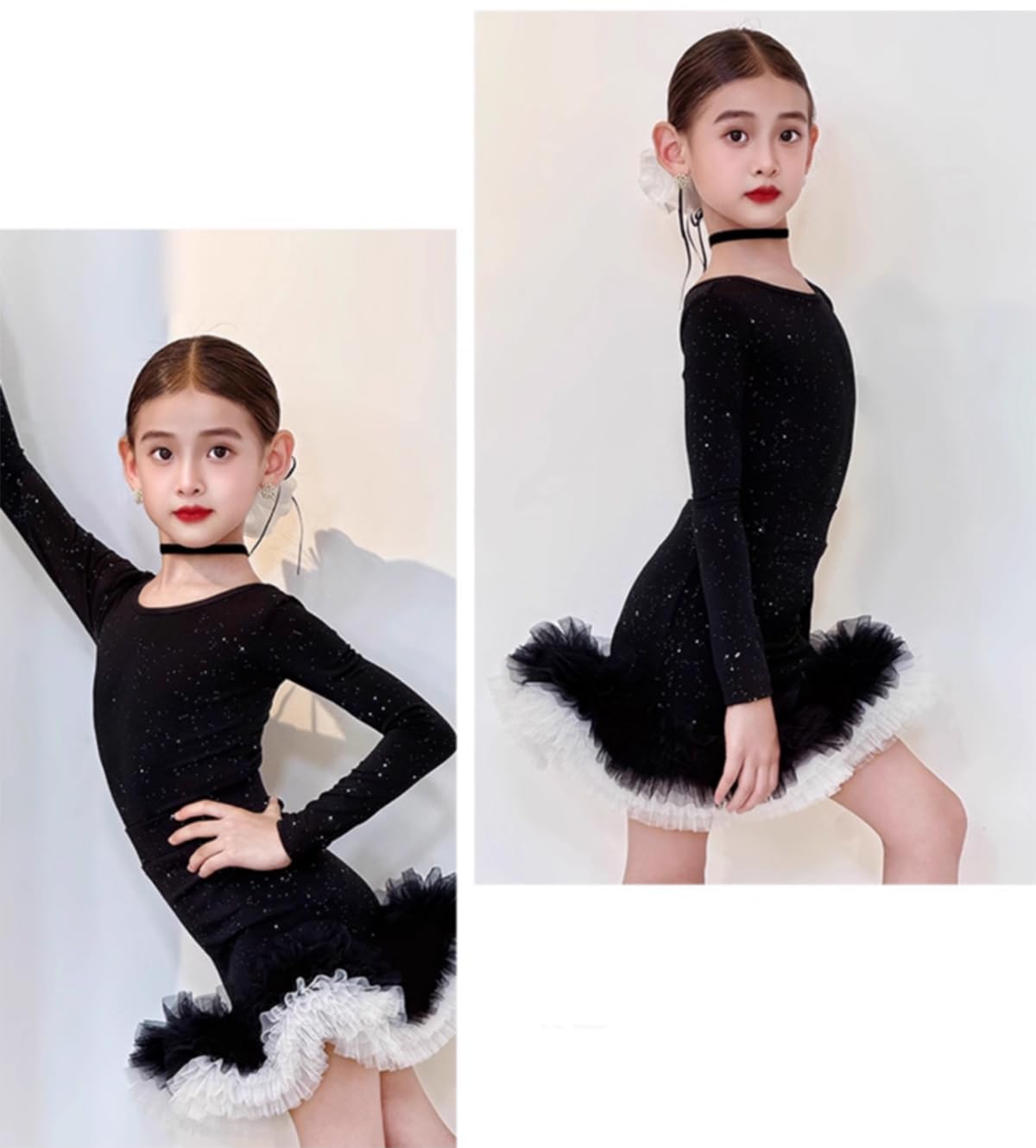Abito da Ballo Latino A Maniche Lunghe per Bambine Gonna da Competizione per Tango E Balli da Sala per Feste Costume da Ballo Salsa Cha-Cha Abito da Allenamento per Spettacoli(150Cm)