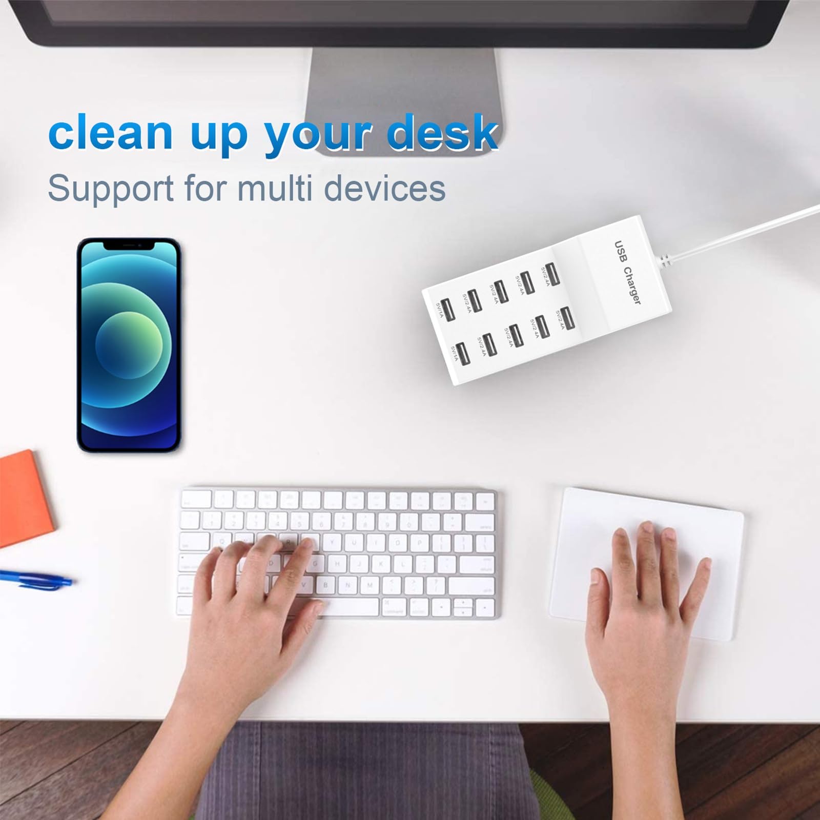 QIONMAR Cargador de Pared USB Estación de Carga USB para múltiples Dispositivos, Cargador USB, Tira de concentrador de alimentación de 10 Puertos, Enchufe Inteligente,