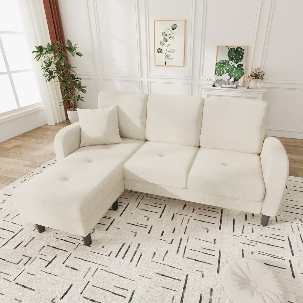 Sofá esquinero en forma de L con chaise longue, sofá de 3 plazas, 166 x 118 x 77 cm, tela transpirable de algodón y lino, patas de plástico, diseño modular, ideal para salas de estar (Beige