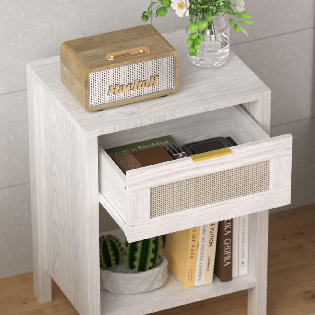 Piccolo comodino, comodino in legno, moderno, bohémien, comodino con cassetto portaoggetti e ripiano aperto, mesitas de Noche, tavolino laterale per camera da letto, soggiorno, ufficio, bianco