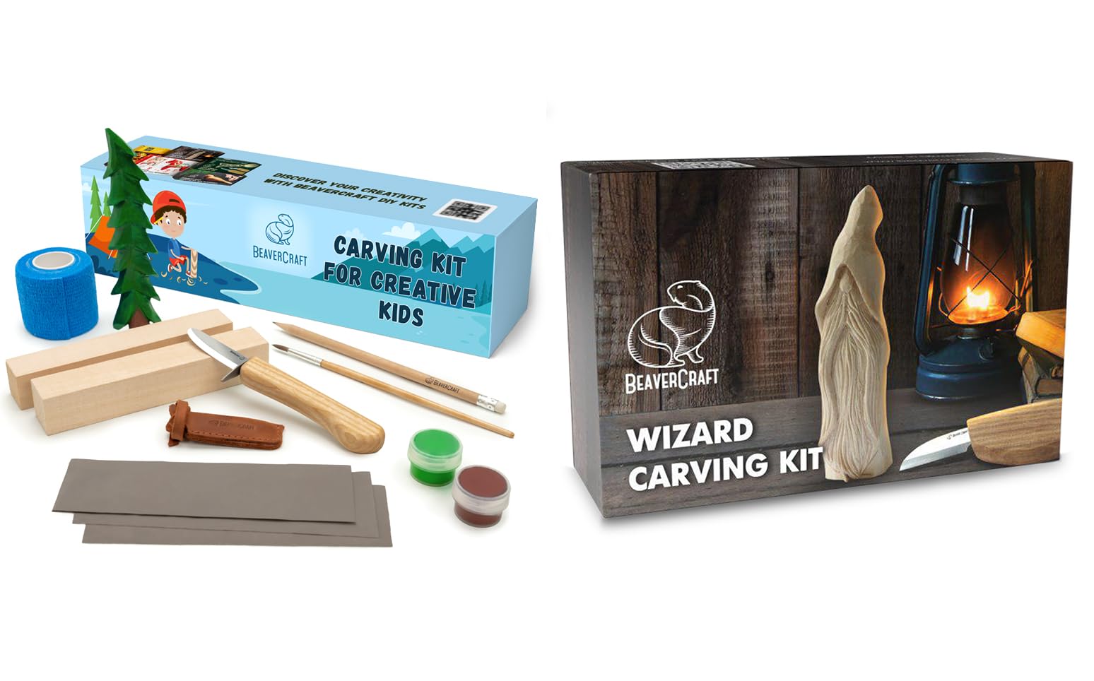 BeaverCraft Holzschnitzset DIY08 für Kinder & Anfänger mit Zauberer DIY03 – 2-in-1 Komplett-Set mit Schnitzmessern, Lindenholzblöcken, Vorlagen, Finger-Schnittschutz & Anleitungen