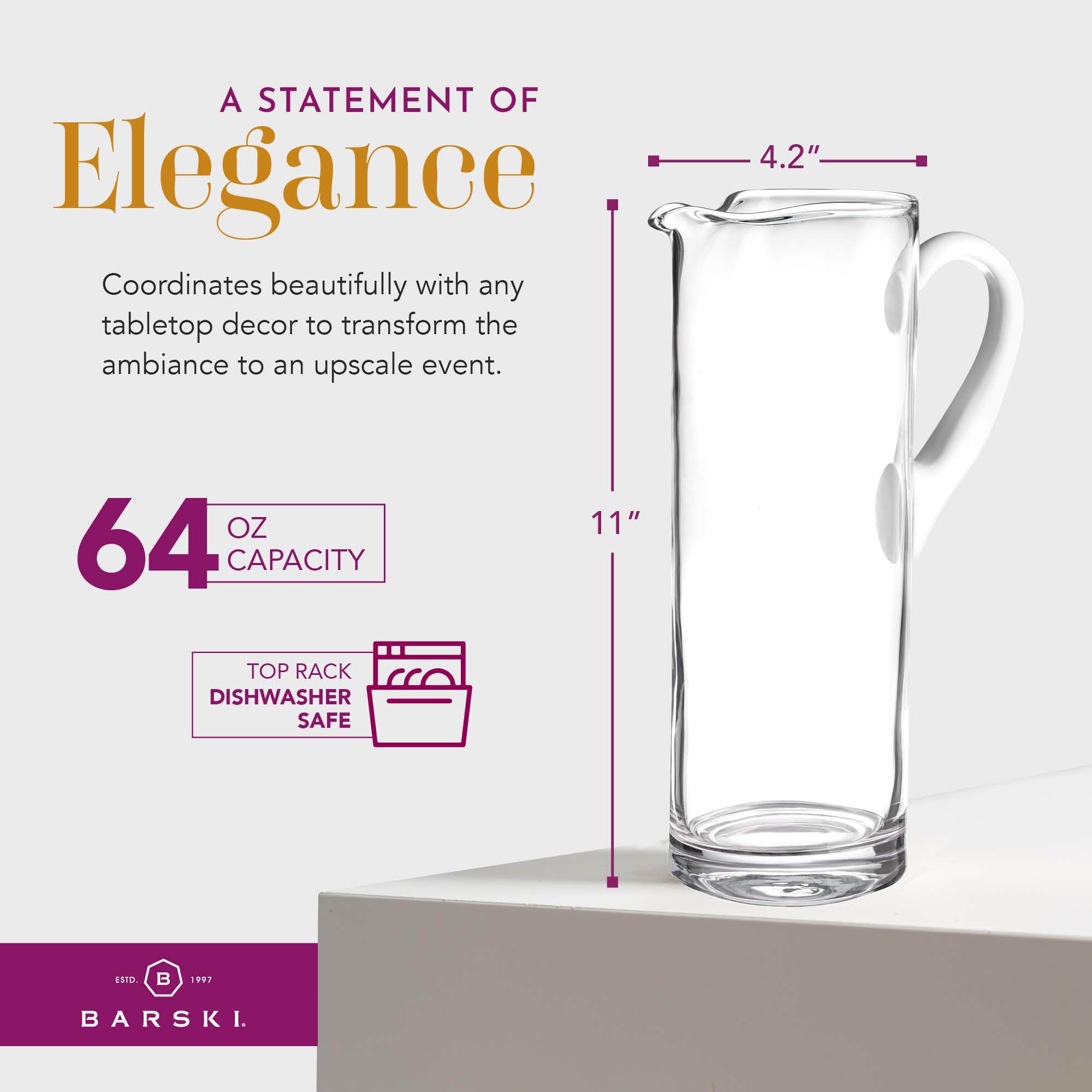 Barski – Calidad Europea – vidrio – Jarra de vidrio de lado recto con mango de ópalo – con boquilla y borde de hielo 11 pulgadas de altura – 64 oz. Capacidad de líquido, fabricado en Europa