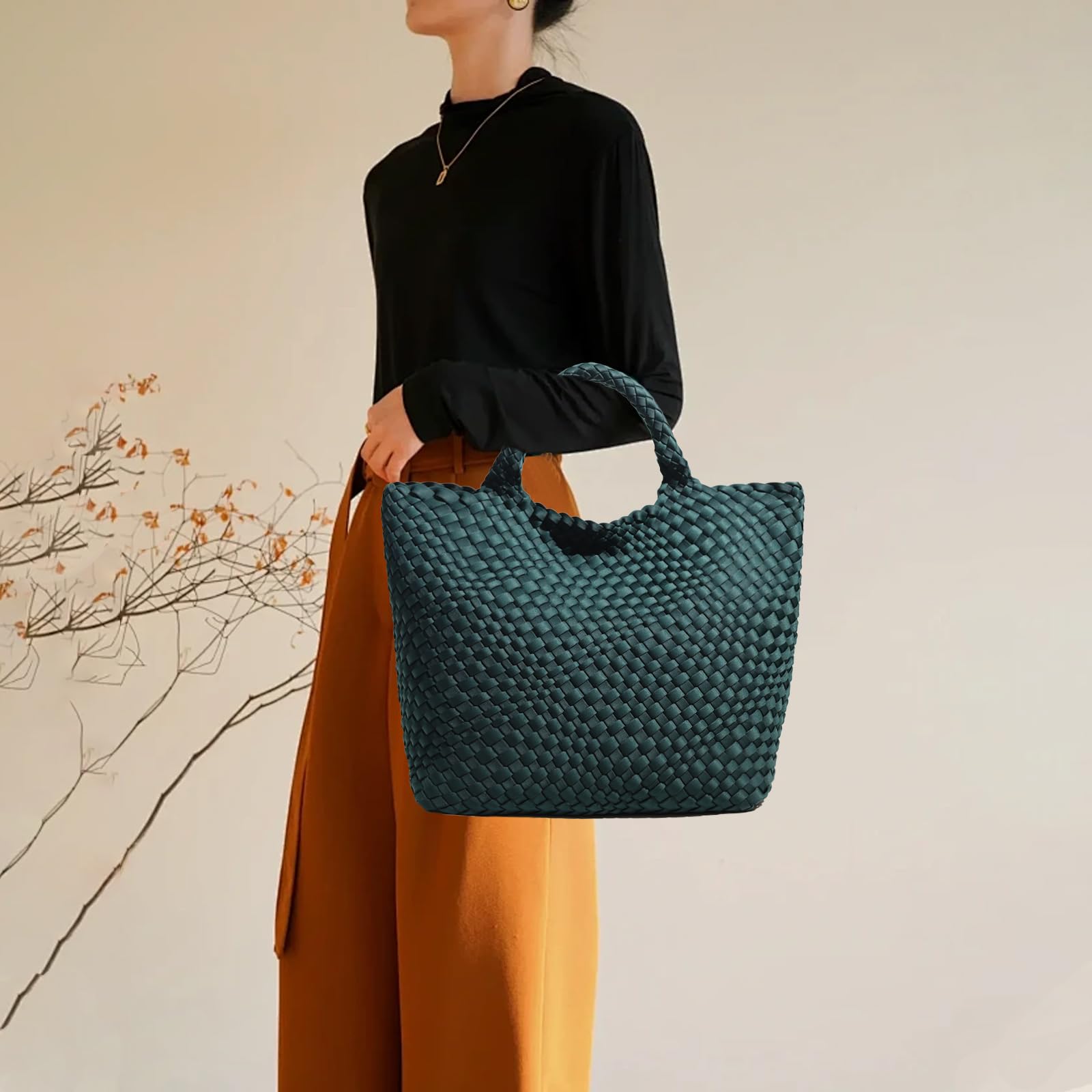 JINMANXUE Fashion Hobo Bag Handmade Woven Casual Female Handbag Large Capacity Neoprene Tote Bag Patchwork Women Shoulder Bags (Dark green)