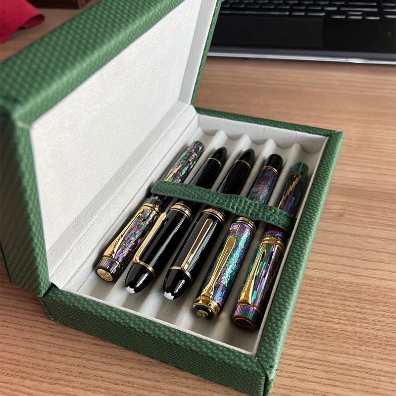 Image of 5Slots Genuine Leather Handmade Pen Case - Double Match Color Pen Organizer & Protective Sleeve Cover - Storage Gift Box