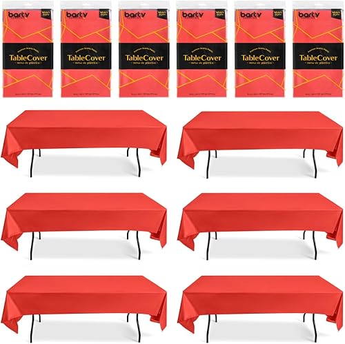 Miniatura 1 de Mantel de plástico rojo desechable para fiestas, paquete de 6, mantel grueso de plástico rojo bueno para bodas, cumpleaños, picnic, también 12 clips