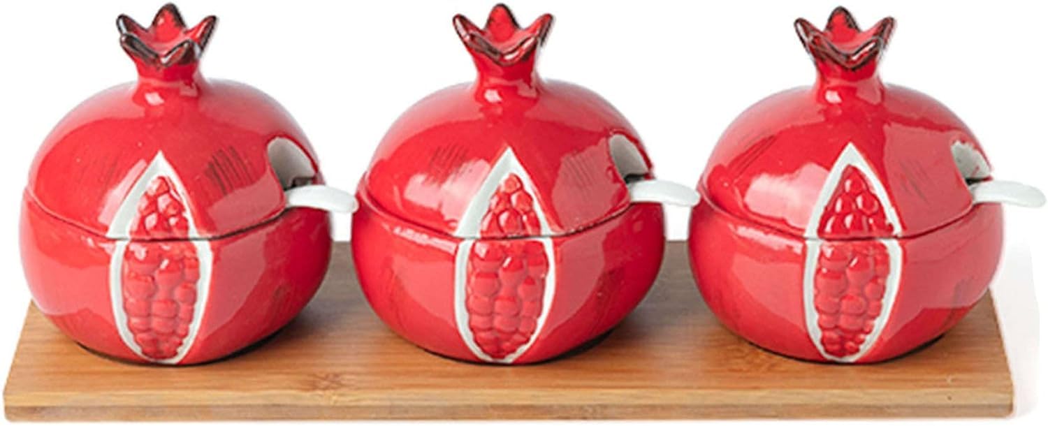 Kolorowa ceramiczna cukiernica z pokrywką i łyżką, zestaw 3 słoików (cytrynowy granat)