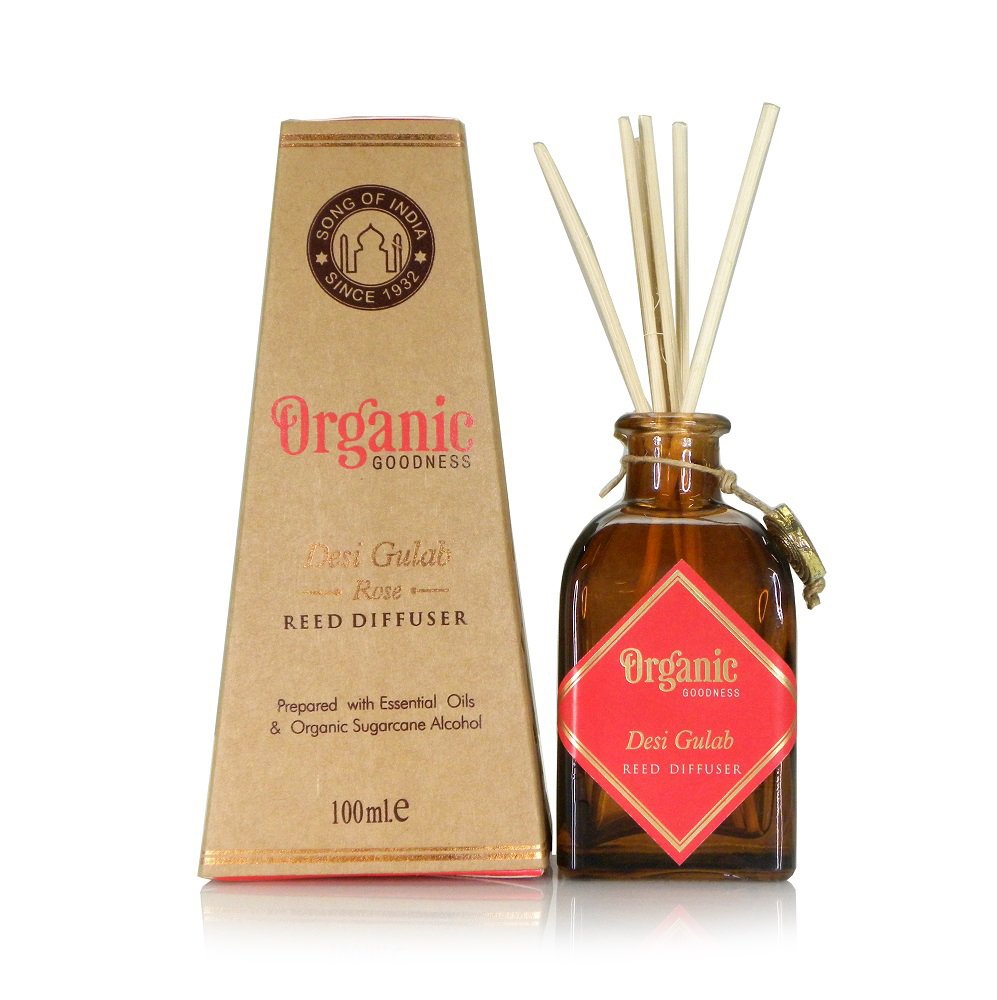 Song of India Organic Goodness Reed Diffuser in Amber Coloured Glass Jar with 6 Sticks for Home Fragrance (Desi Gulab - Rose)