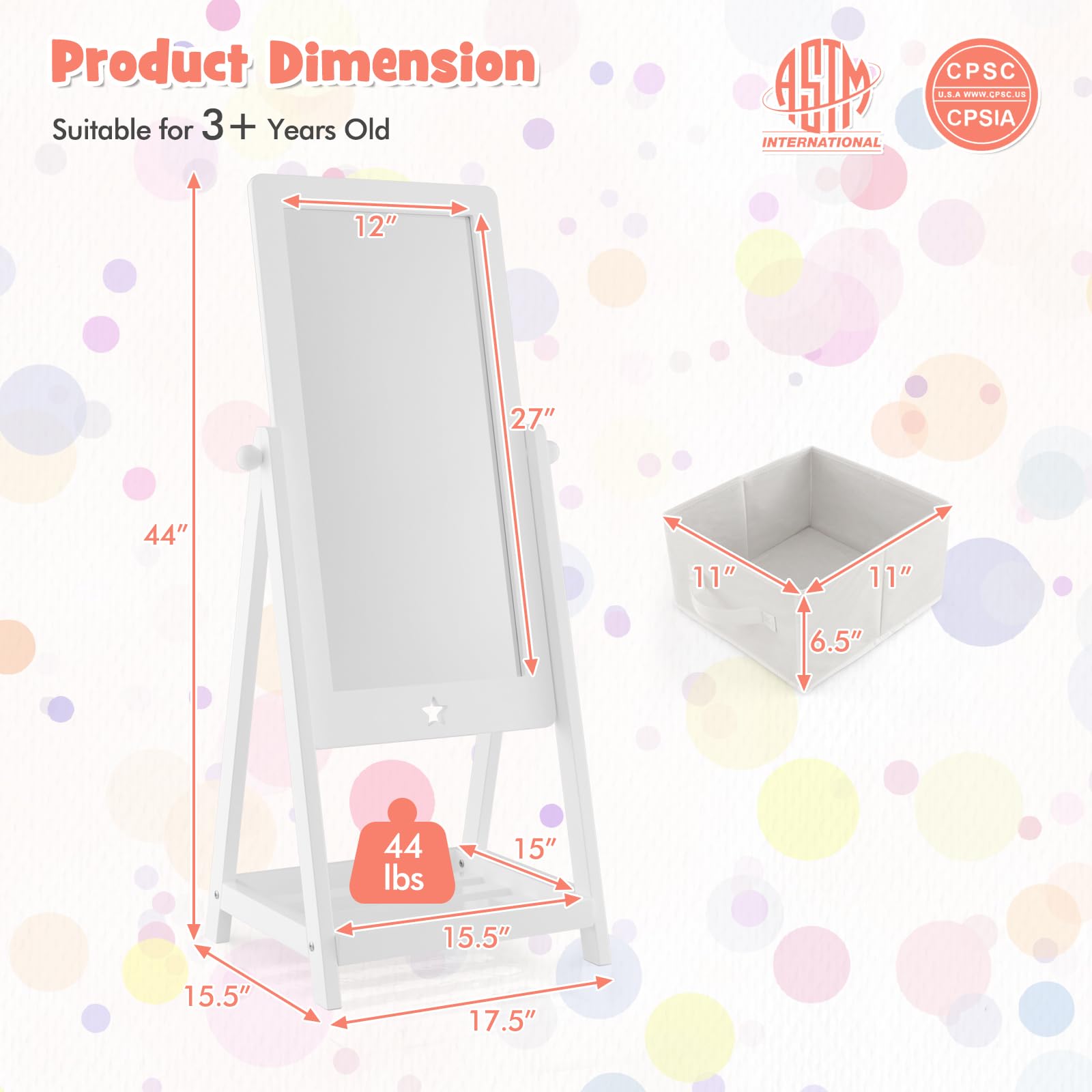Espejo Independiente para niños, Espejo de tocador inastillable sin Vidrio, con Caja de Almacenamiento para Zapatos y Accesorios, Espejo Ajustable para niños de Longitud Completa para niñas
