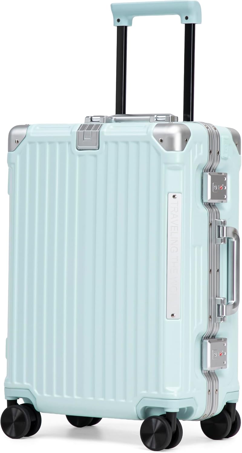 20 Inch Carry On Luggage Aluminum Frame ABS Hard Shell, Blue