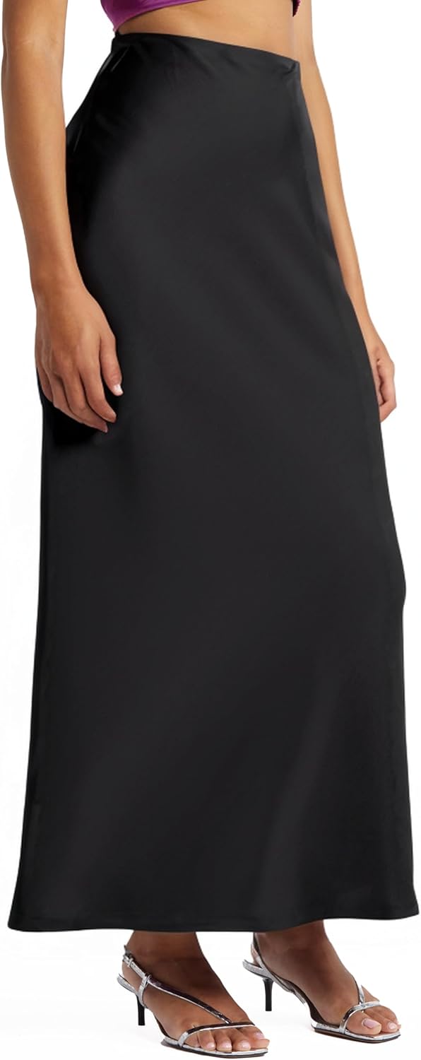 Women's Solid Satin High Waist Midi Long Skirt Hidden Elastic Waistband Skirt for Women-Made in USA - Image 2