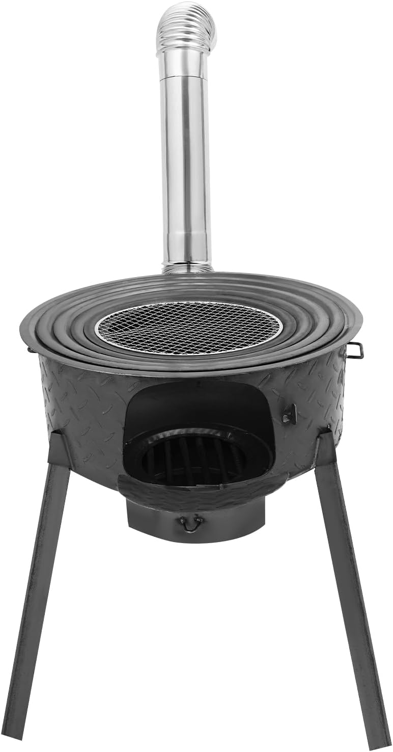Wood Burning Stove with Grill Rack, Portable Charcoal Grill w/4 Wok Rings & Chimney Pipe, Heating & Cooking Tent Stove Camping Rocket Stove for Tent, Outdoor, Camping, Cooking Use (20.5 Inch)