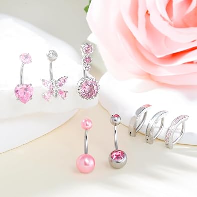 14G Belly Button Ring 8Pcs Piercing Stainless Steel Rings Cute CZ Heart Butterfly Clicker Jewelry for Women