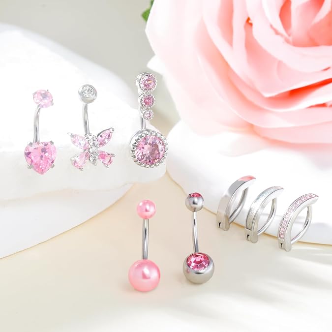 14G Belly Button Ring 8Pcs Piercing Stainless Steel Rings Cute CZ Heart Butterfly Clicker Jewelry for Women