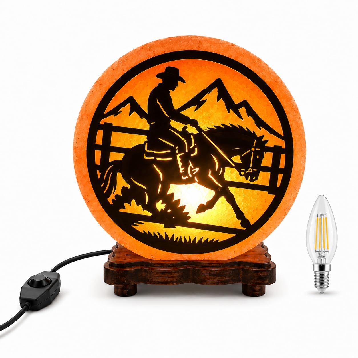 Apex Homeware Himalayan Salt Lamp Natural Pink Crystal Rock Salt Light with Wooden Base, Dimmable E14 Bulb, Dimmer Switch and UK Plug, Home Decor Night Light, Cowboy Lamp