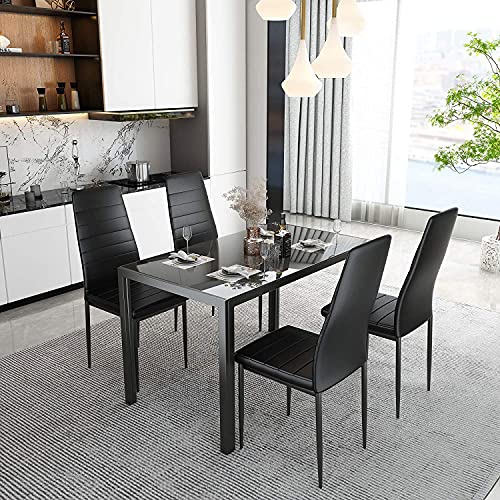 Dklgg 5-Piece Kitchen Table Set For Dining Room, 4 Faux Leather Metal Frame Chairs, Dinette, Compact Space W/Glass Tabletop #TOP4