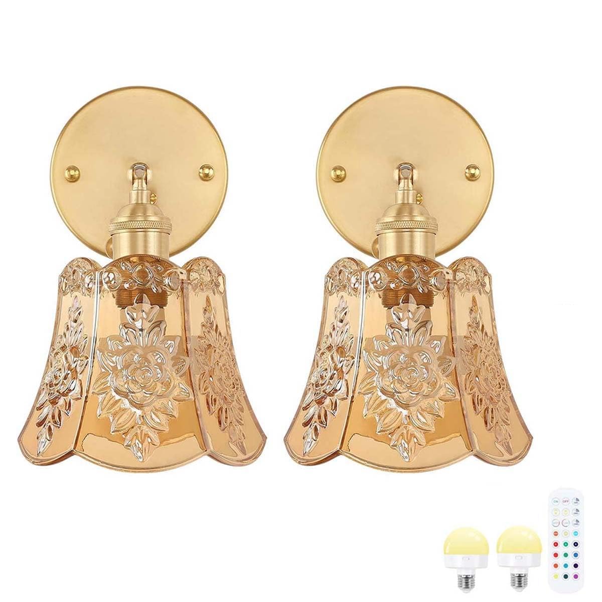AoLa Vintage Wall Lamp Rechargeable Gold Wall Sconce Dimmable RGB with Remote Control Cordless Wall Light Inside USB Charging Without Power Wall Bedside Lamp with Glass Lampshade, 2 pieces,Amber