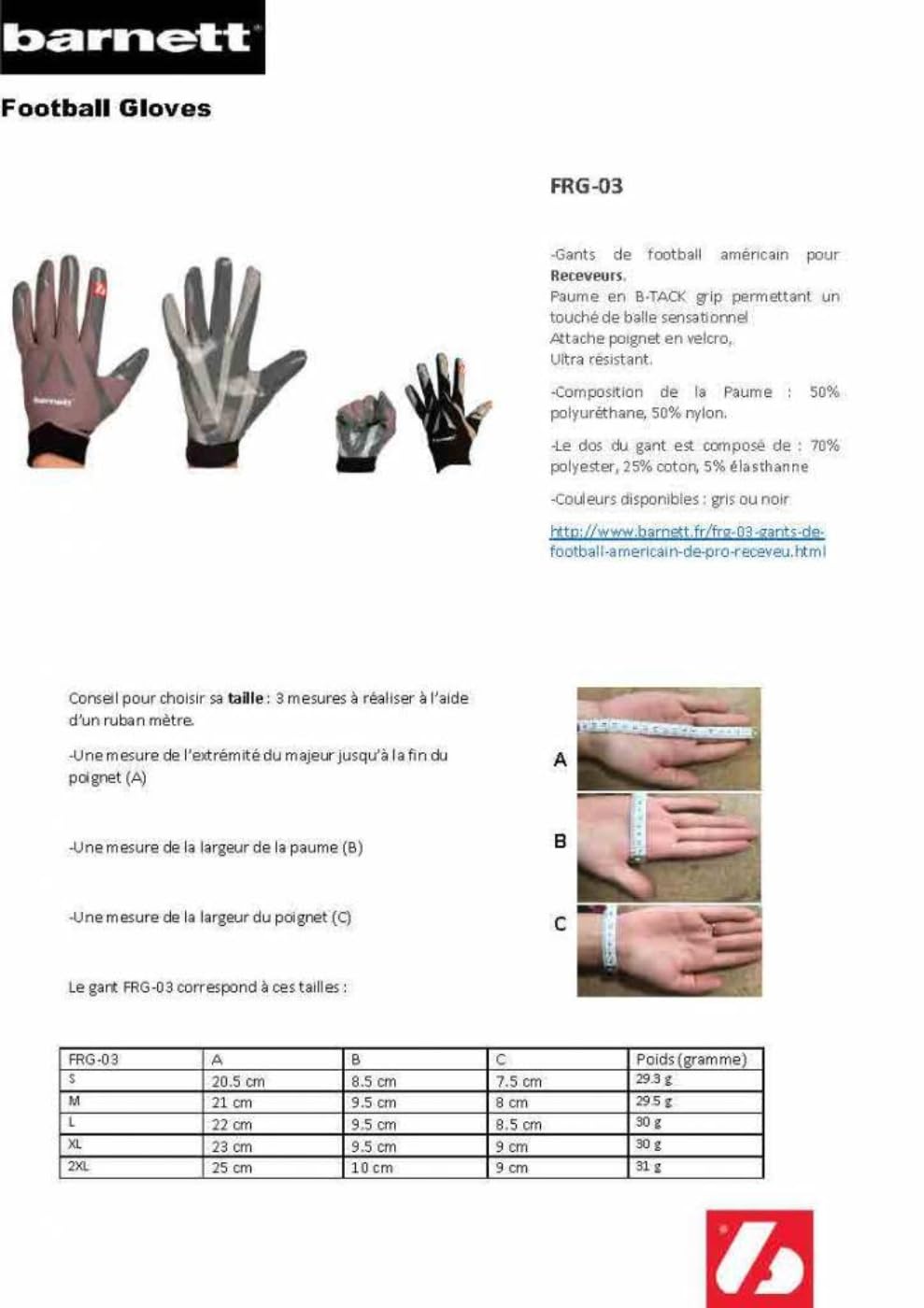 BARNETT FRG-03 Gants de Football américain de Pro Receveur, RE,DB,RB, Noir