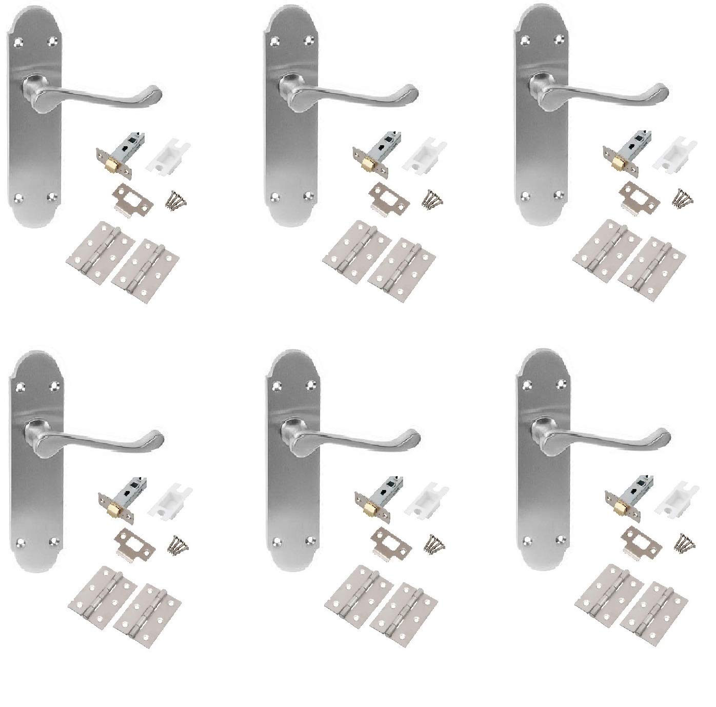 Golden Grace Epsom Design Victorian Scroll Door Handles on Shaped Backplate in Brushed Satin Chrome with Hinges and Latches, 6 Sets