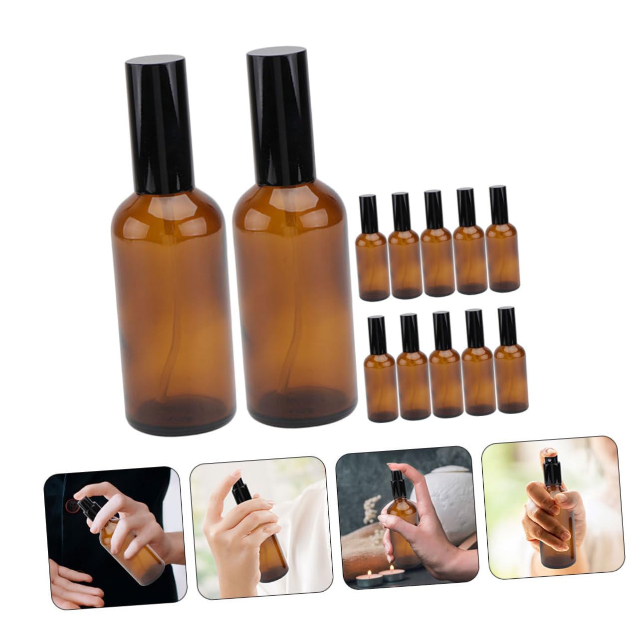 Set 12 Bottiglie Spray in Vetro Ambrato 30ml Riutilizzabili per Viaggio e Ufficio, Contenitori Spray per Olio Essenziale e Profumo Facili da Trasportare