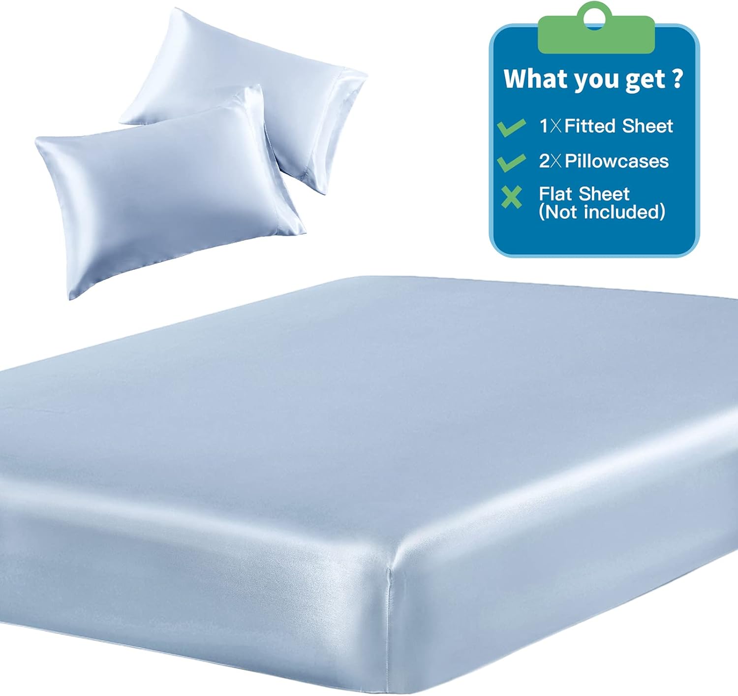 SiinvdaBZX 3-Piece Set Satin King Fitted Sheet & 2 Pillowcase, Baby Blue Silky Soft Fitted Bottom Sheet, Wrinkle Free, Fade Resistant, Deep Pocket Bed Sheet (Deep Up to 15")