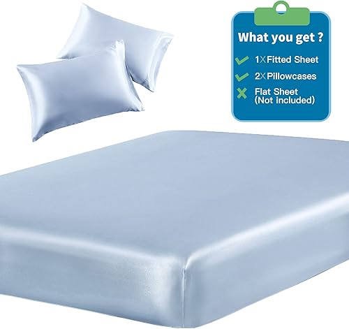 Miniatura 3 de SiinvdaBZX Juego de 3 piezas de sábanas bajeras de satén tamaño Queen y 2 fundas de almohada, sábana bajera suave y sedosa color azul bebé, sin