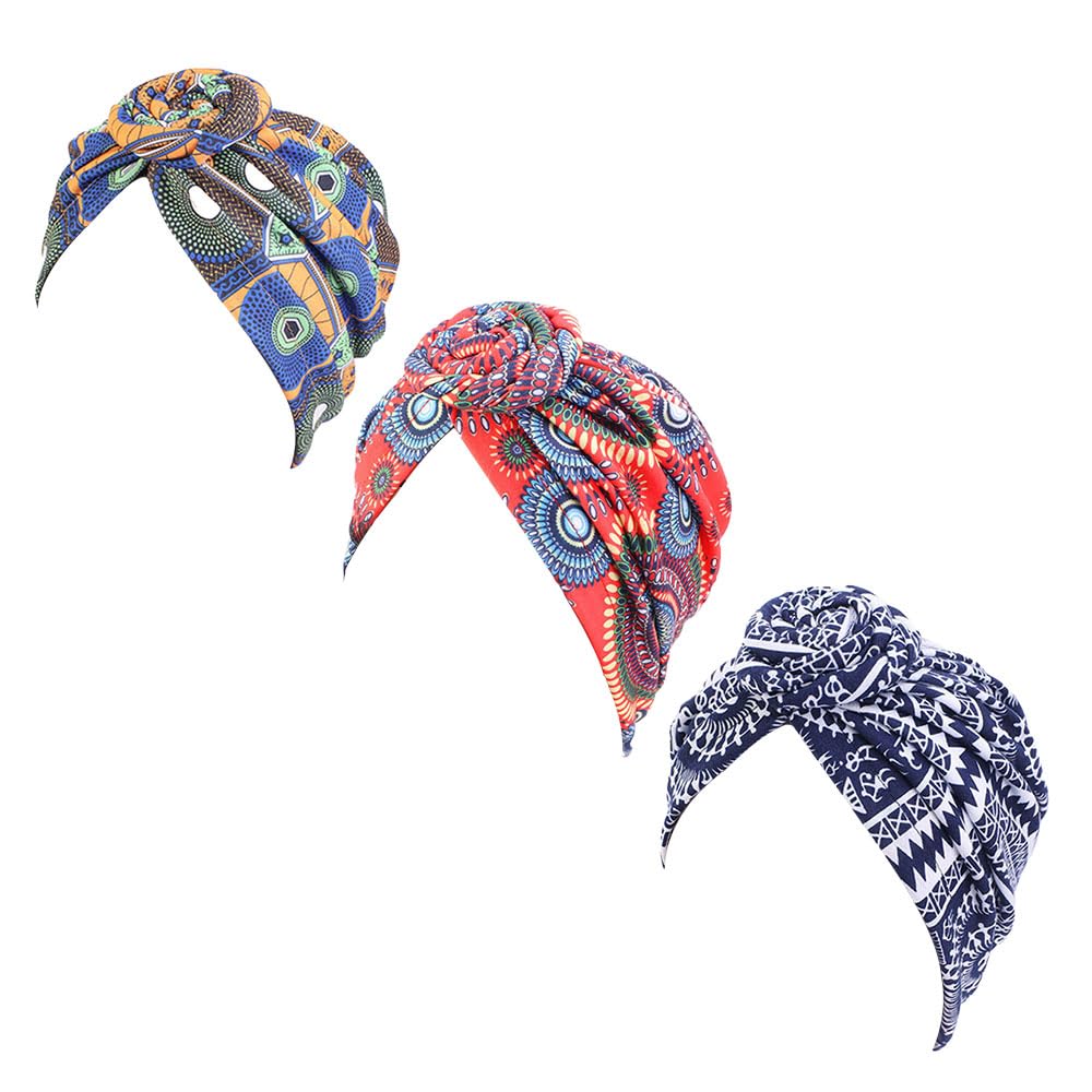 JZSAfrican Women Turban Cap, 3 Pack Knotted Headwraps for Women African Turban Pre-Knotted Beanie Headwraps Hair Covers