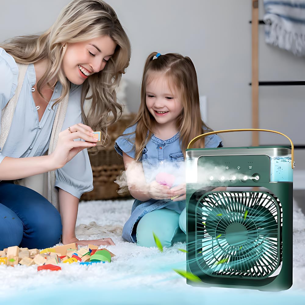 Portable Humidifier Mini AC, Table Fan, Desk Fan with USB-Powered, 3 Speed Modes, Mist Function, 7 Colors LED Light, 1/2/3 H Timer Personal Use for Office, Home, Dorm, Travel, Office (Green) 1
