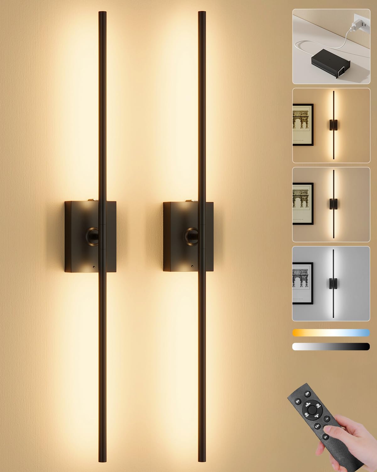 Battery Operated Wall Sconces Set of 2, Remote Control, 10000mAh, Black | Wireless Rechargeable 3000-6000K Dimmable 350° Rotate Wall Light for Living Room Bedroom TV Wall Mirror 31.6in Global Recycled Standard Global Recycled Standard Global Recycled Standard