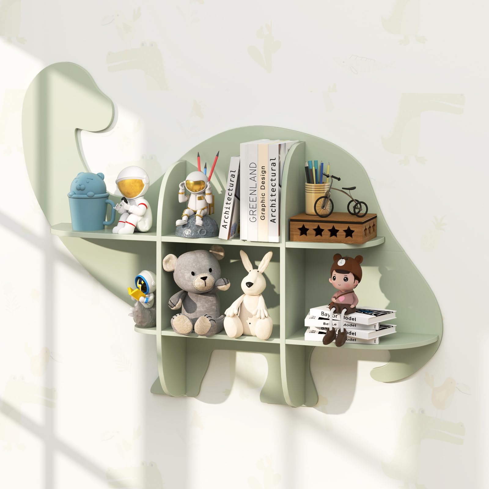 COSTWAY Libreria da Parete per Bambini a Forma di Dinosauro, Mensola a 2 Ripiani in Legno da Appendere, Scaffale da Parete per Camera dei Bambini Camera da Gioco Asilo, 105,5x16x78,5 cm