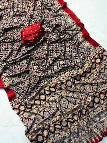 Image of Modal Silk Ajrakh Saree Bandhani Design Crepe Printed Designer Pallu Attach Blouse Piece