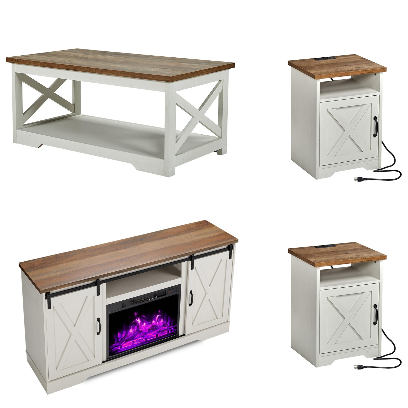 AMERLIFE 5-Piece Farmhouse Table Set Includes Fireplace TV Stand, Coffee Table& Two End Tables with Charging Station and USB Ports, for Living Room, Distressed White, 63"