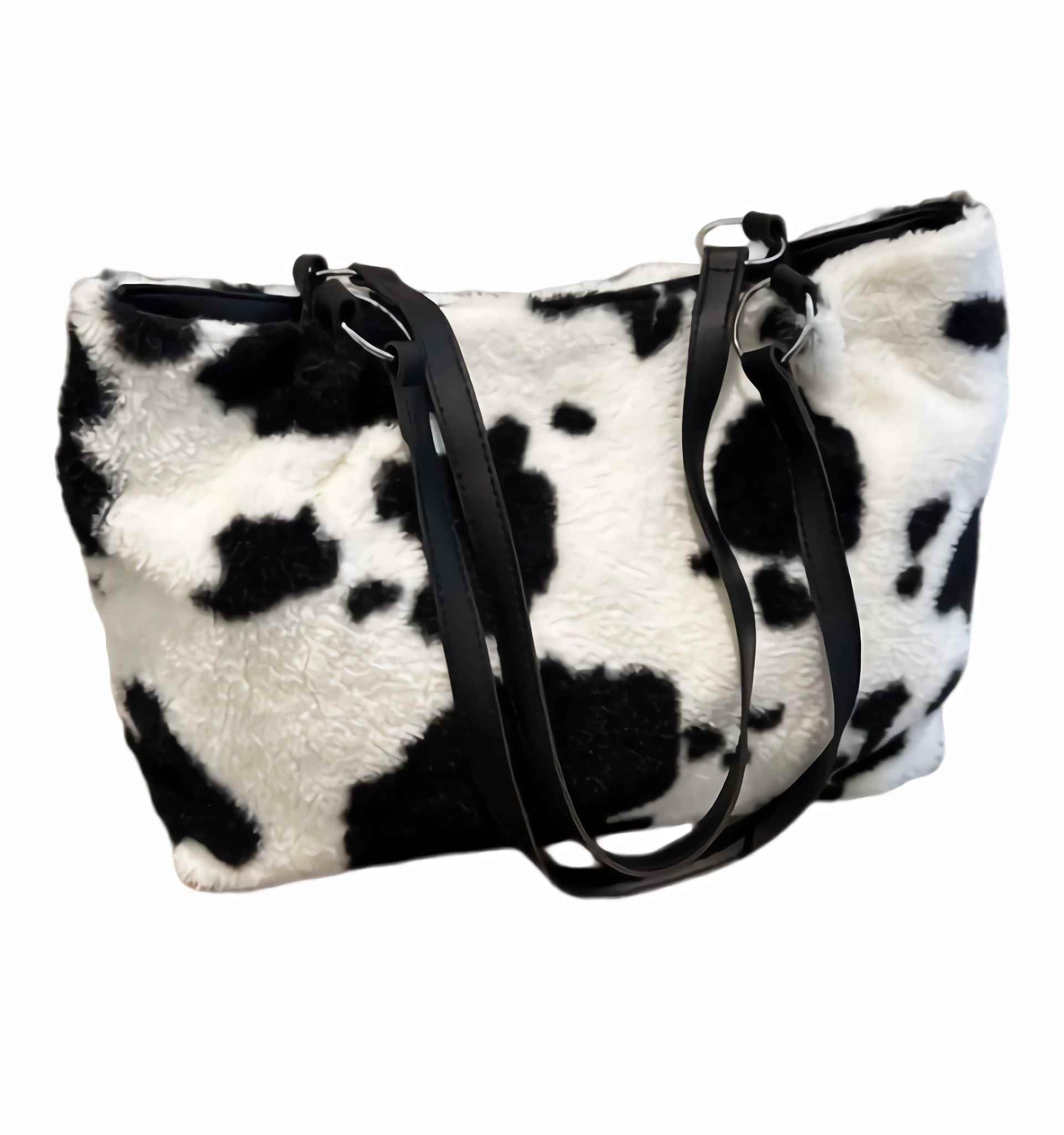 Cow Print Fuzzy Fluffy Shoulder Tote Bag For Women, Furry Purse Large Cute Plush Bag Ladies Faux Fur Bag, Handbag For Winter