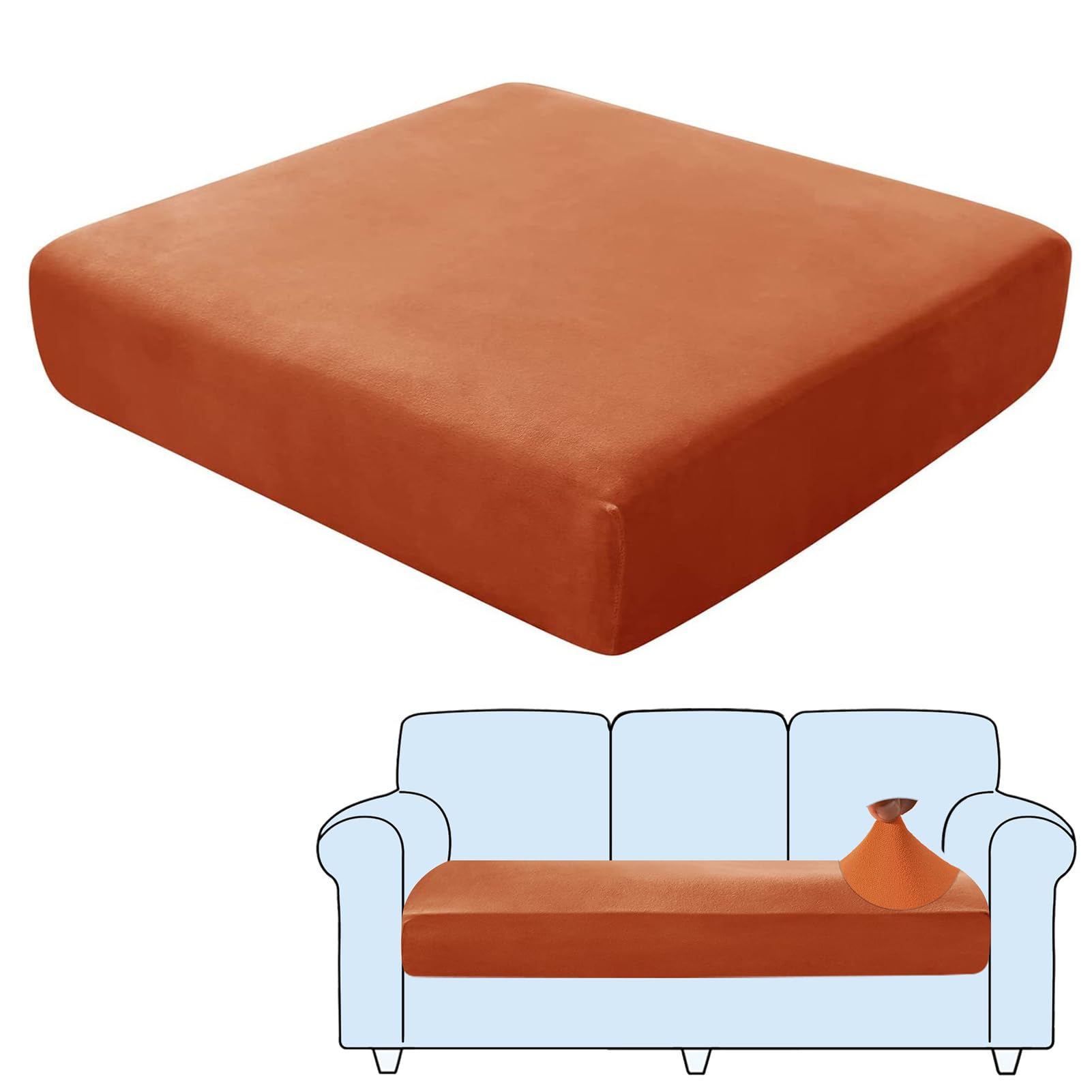 SHUOJIA Sofa Seat Cushion Covers, Stretch Velvet Sofa Cover, Non-Slip Couch Cushion Covers Replacement for Individual Cushion,with Elastic Fabric,Machine Washable (Dark Orange,Large-3-Seater)