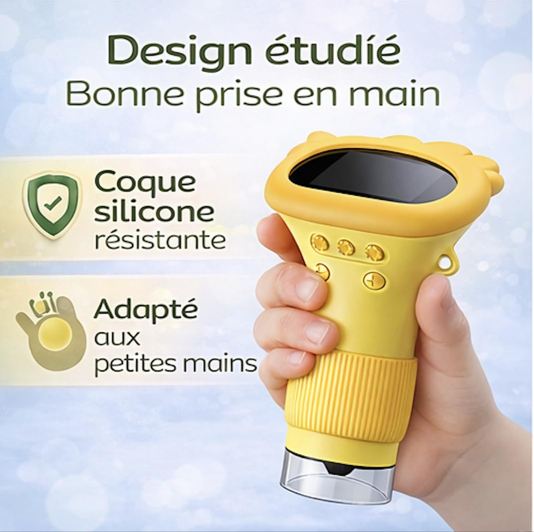 Microscopio digital infantil con pantalla IPS de 2 pulgadas, aumento de 1000 x – recargable – 8 LED ajustables – foto y vídeo – juguete científico educativo de 3 a 10 años – idea de regalo (amarillo)