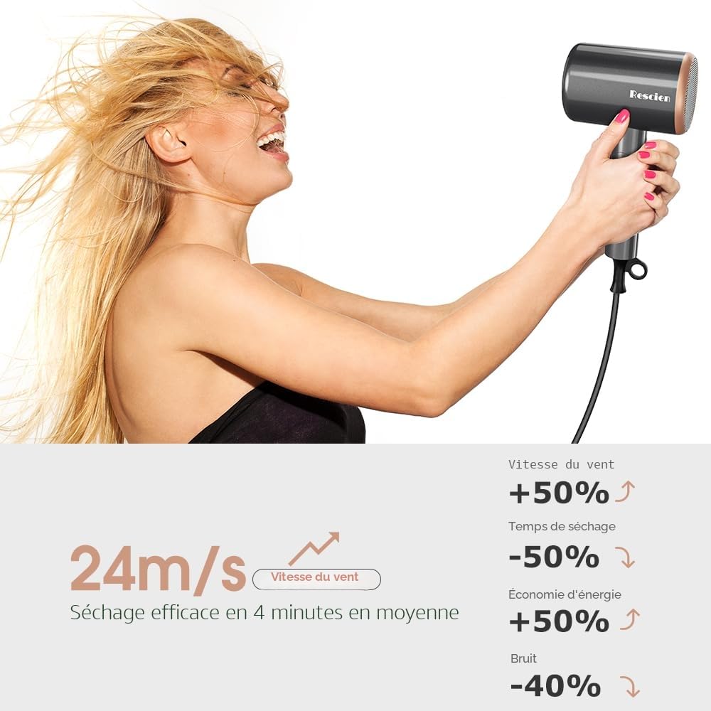 Sèche-cheveux ionique 2400W avec sac de rangement et support, séchage rapide, léger et compact, Seche Cheveux avec bouton chaud/froid, 3 chauffages, 3 vitesses/sèche-cheveux de salon avec 3 embouts
