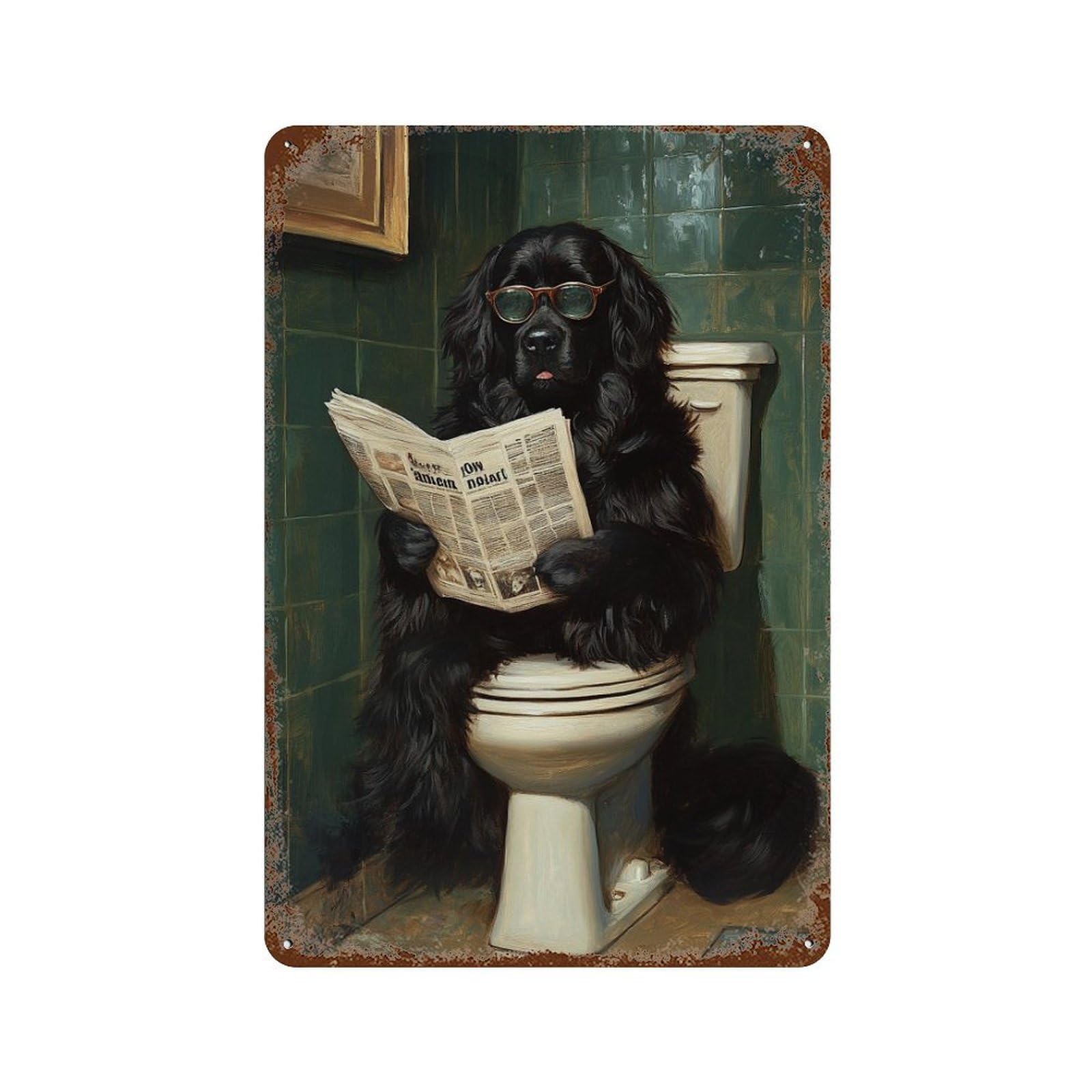 Garage Style Dog Reading Newspaper on Toilet-45 Distressed Metal Wall Sign 11.8"x7.9", Classic Wall Plaque for Bar And Workshop