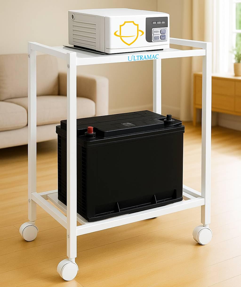 ULTRAMAC Heavy-Duty White Metal Inverter Trolley with Lockable Wheels | Durable Movable Stand for Inverter & Battery | Rust-Resistant Finish | Smooth Rolling & Secure Lock System-image-1