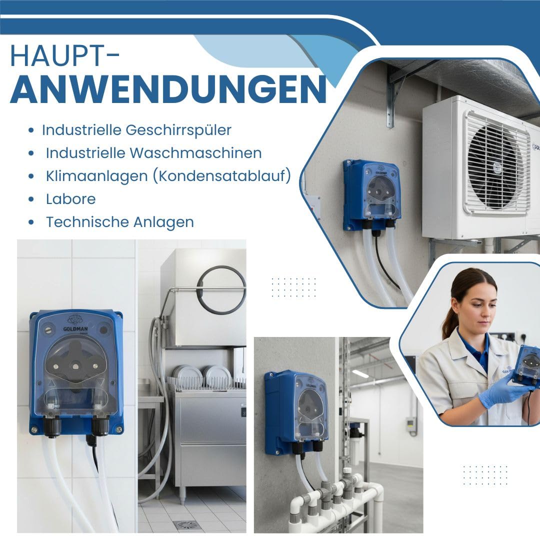 GOLDMAN SERVICE Peristaltische Dosierpumpe, verstellbar, 120 ml/min, Dosierer für Waschmittel und Klarspüler für industrielle Geschirrspüler – IP65, 5 W, Wandmontage