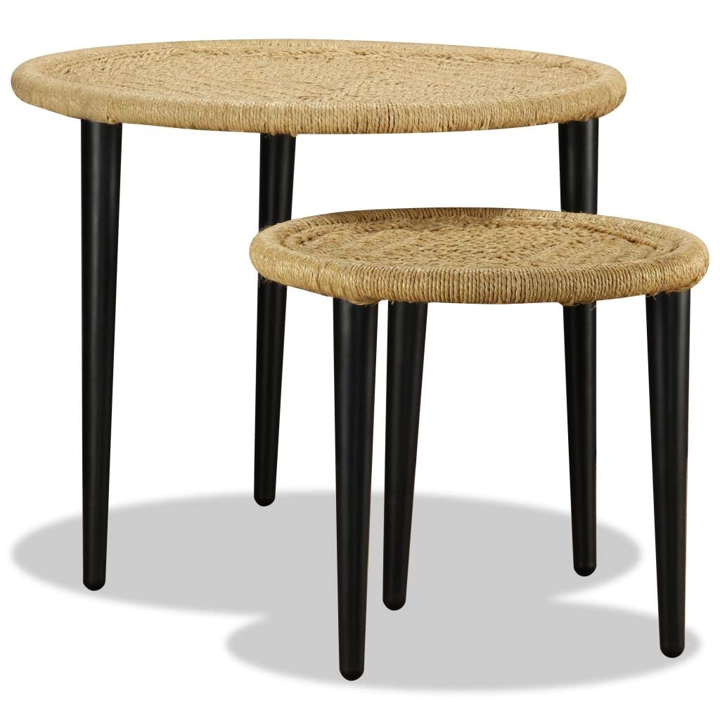 Homgoday Set di 2 Tavolini Bassi da Salotto, Moderno Tavolo da Tè per Studio, Ufficio, Soggiorno, Iuta Naturale