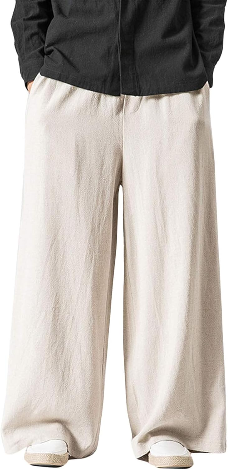 Arssm Mens Cotton Linen Pants Wide Leg Baggy Pants Elastic Waist Casual Summer Beach Palazzo Trousers