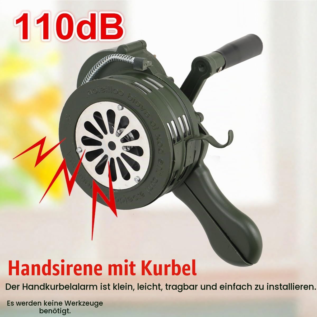 Handsirene mit Kurbel, 110dB Handkurbel Alarm Sirene, Dunkelgrün | Manuell Alarmsirene, Tragbar Handkurbel-Alarm, Luftangriffshorn/Alarm mit Aluminiumgehäuse, für Fabriken Schulen Küstenwachen